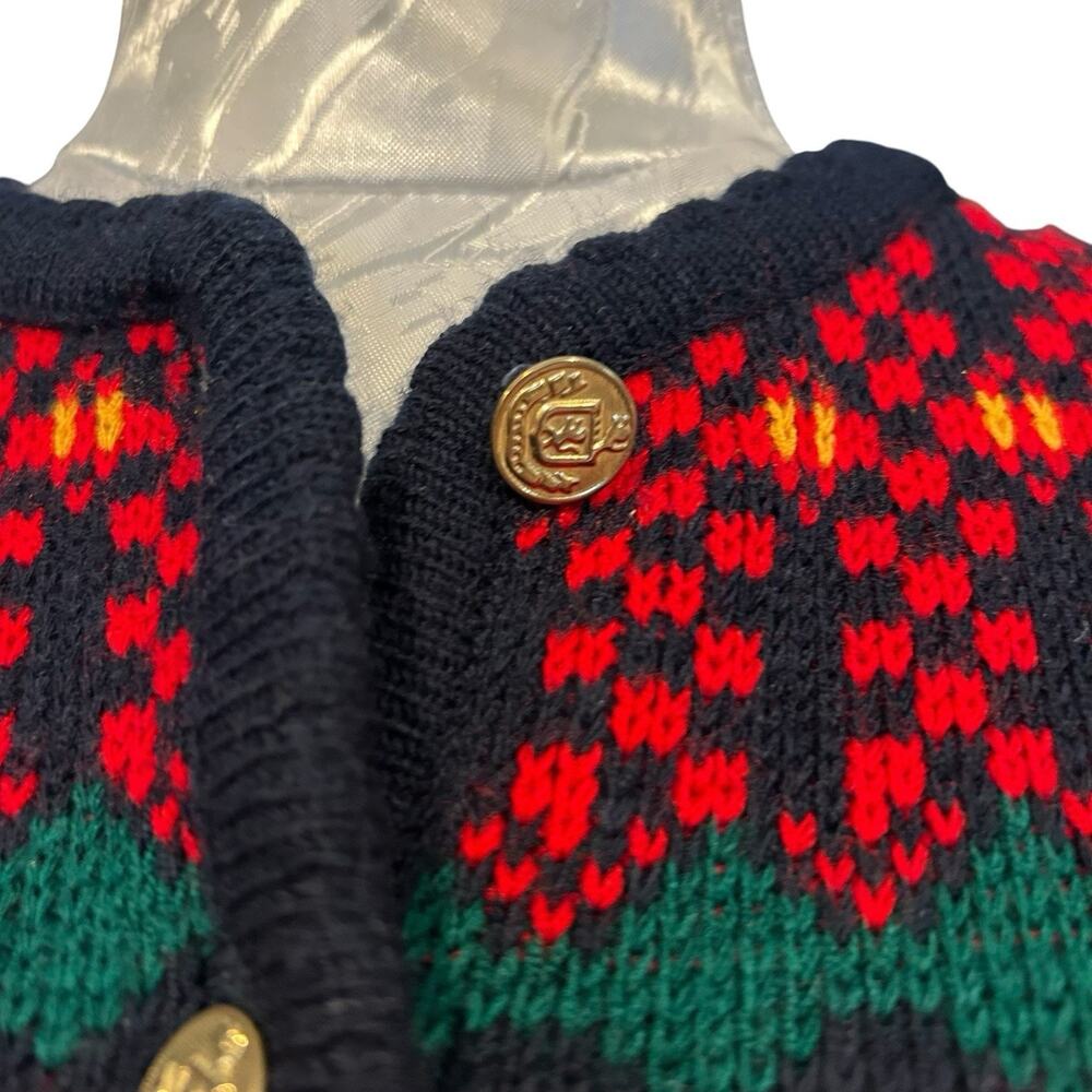 Vintage 80s Dog Fair Isle Cardigan Navy Red Gold Buttons Novelty Knit L - Picture 9 of 14